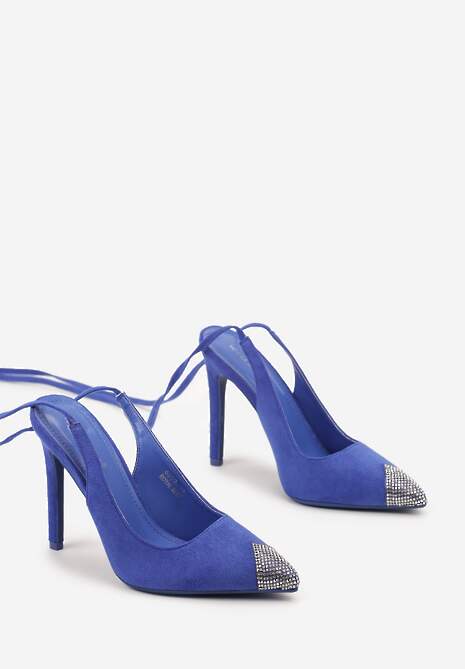 Niebieskie Sandały z Noskiem Ozdobionym Cyrkoniami i Wiązaniem wokół Łydki na Szpilce Hlienoma