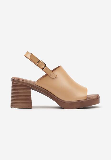 Beżowe Casualowe Sandały na Słupku z Odkrytą Piętą i Sprzączką Evola