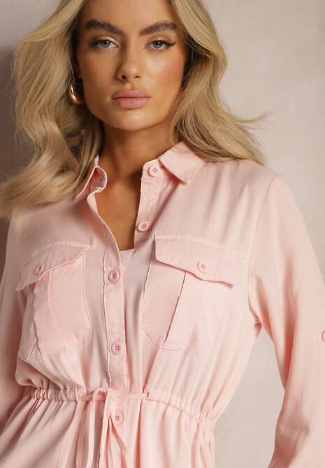 Różowa Dłuższa Koszula Ściągana w Pasie z Wiskozy i Kieszeniami Genessa