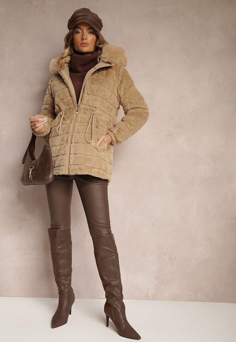 Ciemnobeżowa Kurtka Parka o Dwustronnym Kroju z Futrem i Odpinanym Kapturem Zinnissa