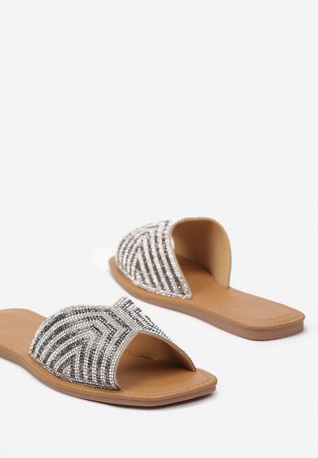 Srebrne Klapki z Ekoskóry Zdobione Cyrkoniami Marisanda