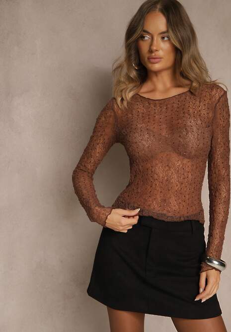 Brązowa Bluzka Lonsgleeve z Koronki Zdobiona Cyrkoniami Isoneva