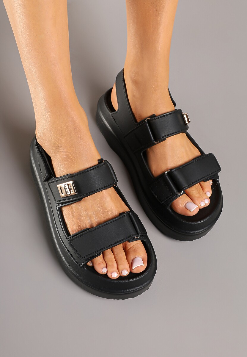 Czarne Sandały na Niskiej Platformie z Zapięciem na Rzep Sepinne