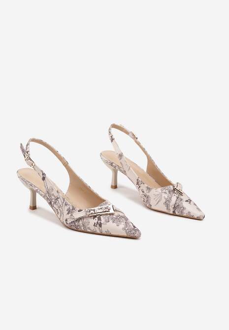 Beżowe Wężowe Sandały na Szpilce Typu Slingback Ozdobione Paskiem z Klamrą Karilen