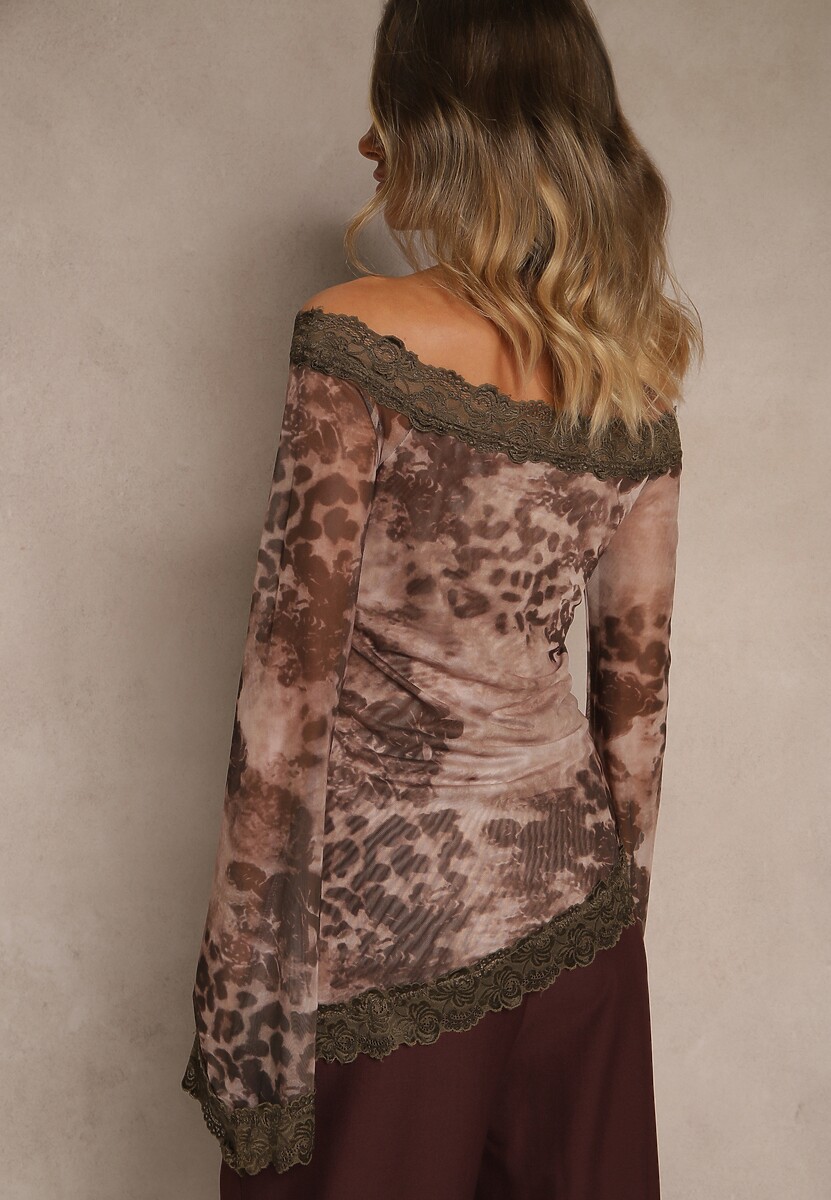 Brązowa Bluzka Siateczkowa Typu Hiszpanka z Bawełną i Wiskozą  z Koronką Nurriva