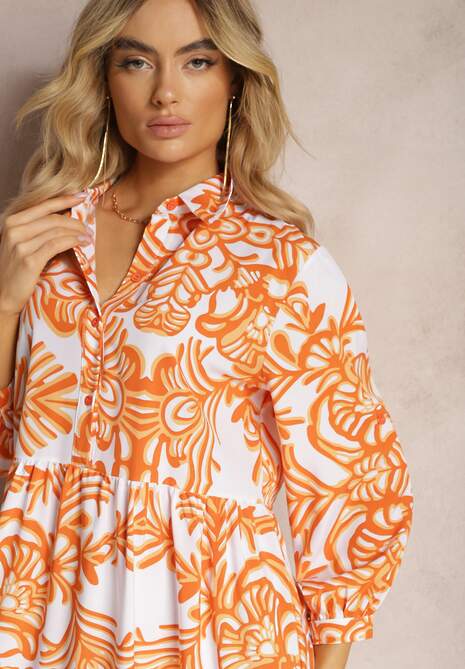 Pomarańczowa Rozkloszowana Sukienka Długa z Falbanką w Ornamentalny Print Naraoda