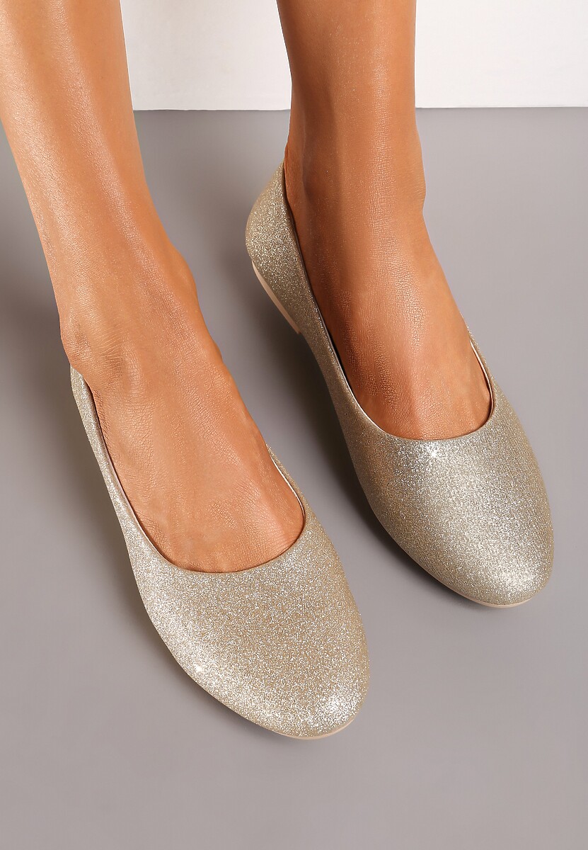 Złote  Brokatowe Balerinki na Płaskiej Podeszwie Uarneli