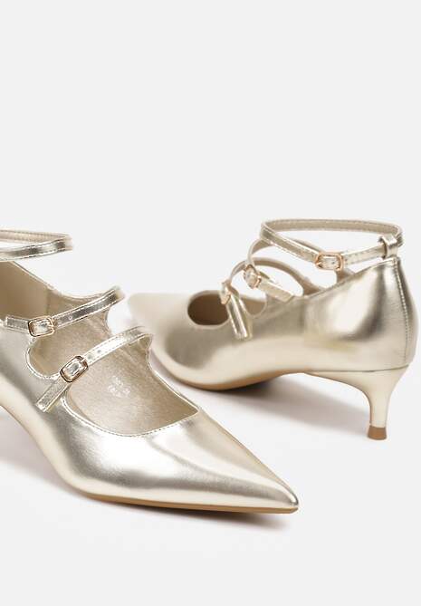 Złote Czółenka Lakierowane Typu Kaczuszka Wykończone Paseczkami i Sprzączkami Konstisa