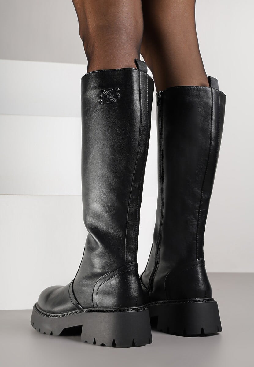 Czarne Kozaki VICES na Platformie z Tłoczonym Zdobieniem przy Cholewce Uniresa