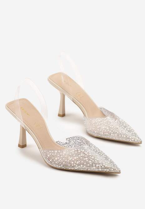 Beżowe Sandały Vices na Szpilce Slingback ze Skórzaną Wkładką i Cyrkoniami Ovifa