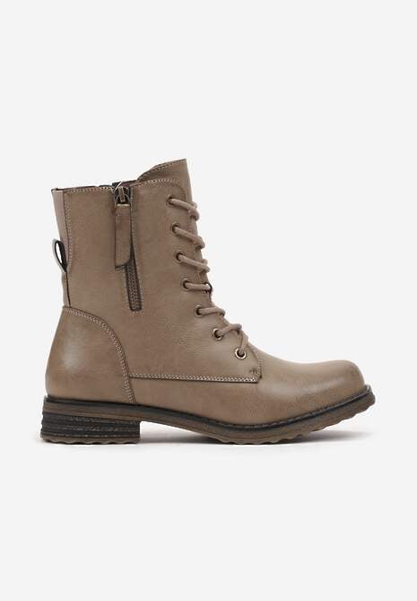 Ciemnobeżowe Sznurowane Botki Workery na Płaskiej Podeszwie Ozdobione Suwakiem Tarinda