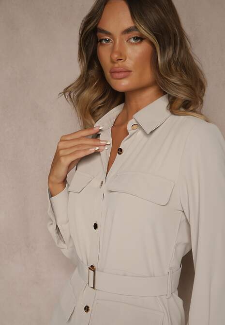 Beżowa Sukienka Utility o Koszulowym Kroju z Kieszonkami i Paskiem Materiałowym Niobella