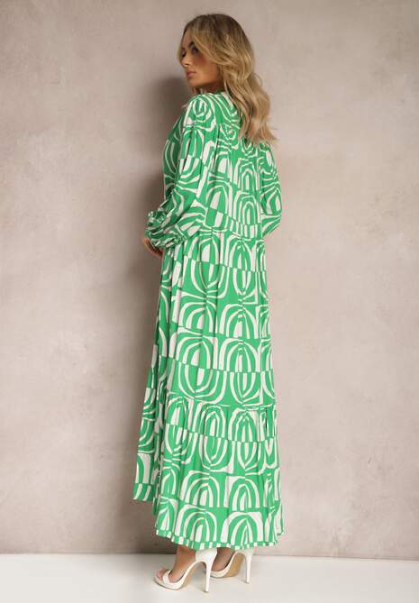 Zielona Długa Sukienka Rozkloszowana w Geometryczne Wzory z Kołnierzykiem Skulle