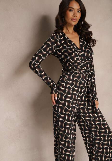 Czarny Kopertowy Kombinezon z Wiskozą z Szerokimi Nogawkami i Paskiem w Geometryczny Wzór Botavia