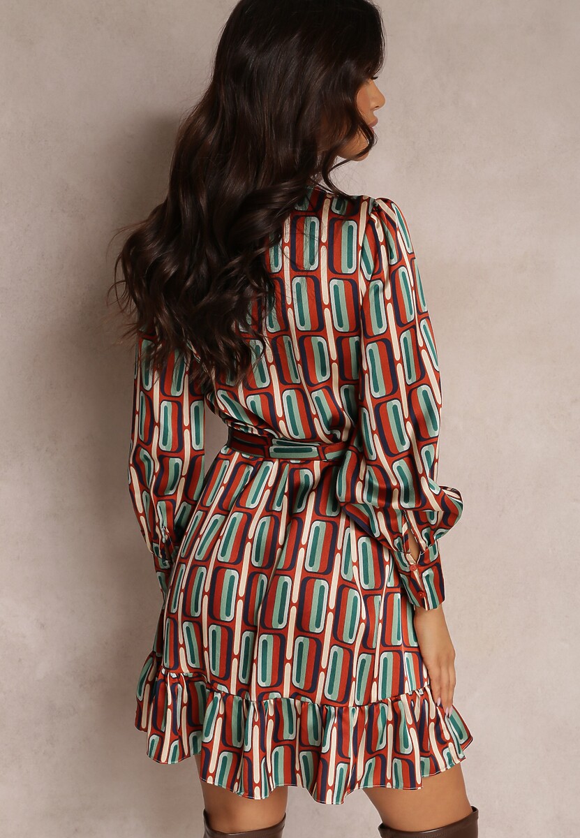 Brązowa Sukienka Kopertowa w Geometryczny Wzór Rangi