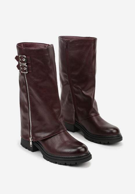 Bordowe Botki z Wywiniętą Cholewką Zdobioną Suwakiem i Sprzączkami Eevea