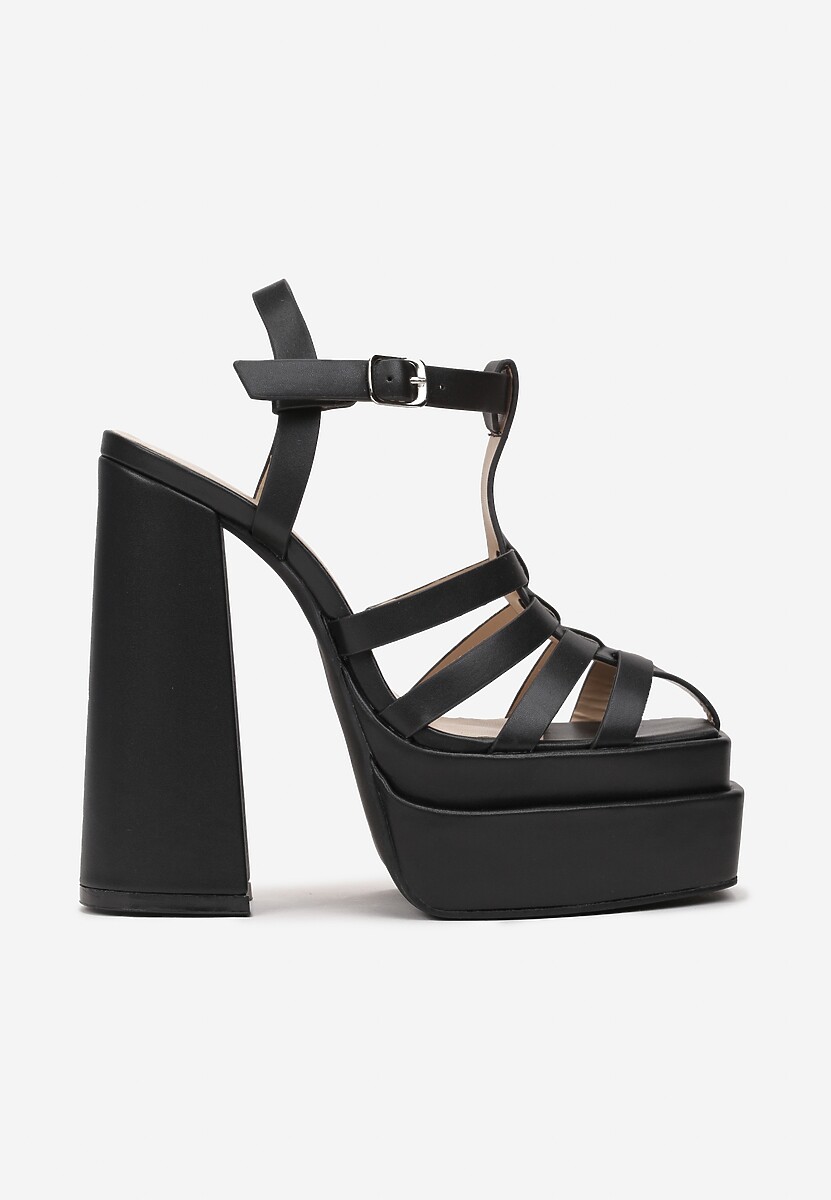 Czarne Sandały na Wysokim Słupku i Platformie z Kwadratowym Noskiem i Sprzączką Lakota