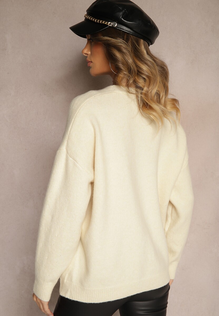 Jasnobeżowy Casualowy Kardigan z Wełną na Guziki Floradi