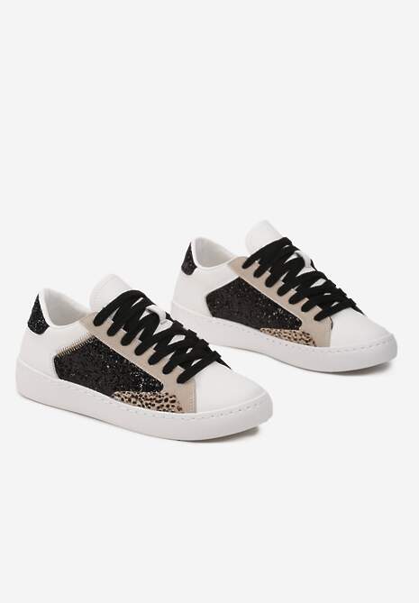 Biało-Czarne Sneakersy na Płaskiej Podeszwie z Ozdobnymi Wstawkami i Brokatem Jivina