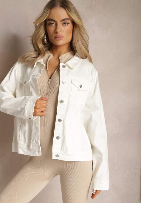 Biała Jeansowa Kurtka z Bawełny z Metalicznym Guzikami Urielati