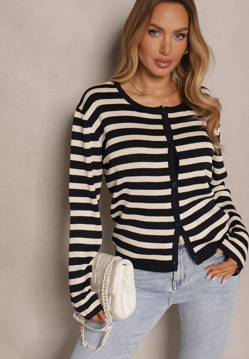 Granatowy Kardigan z Wiskozą o Klasycznym Kroju w Prążki Nolreis