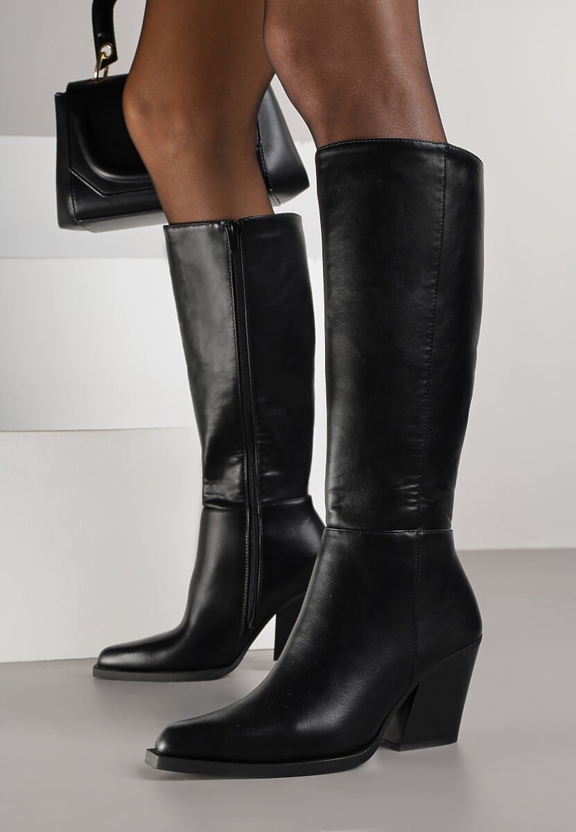 Czarne Kozaki do Kolana na Obcasie Typu Stożek ze Szpiczastym Noskiem Seorina
