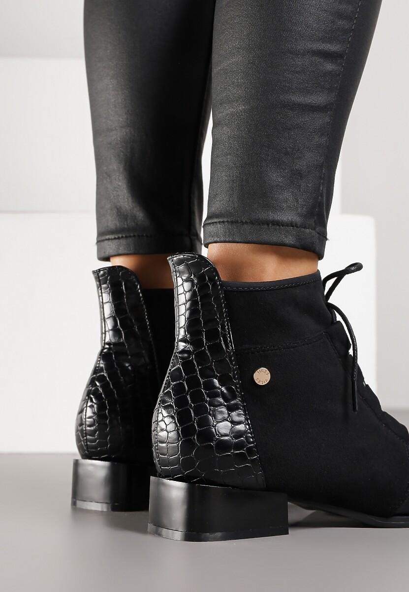 Czarne Sznurowane Botki do Kostki Vices Zdobione Tłoczeniem Skóry Węża Wedvire