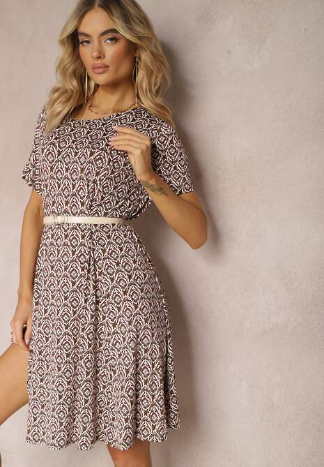 Brązowa Wiskozowa Sukienka o Rozkloszowanym Fasonie z Ornamentalnym Wzorem Jasminas