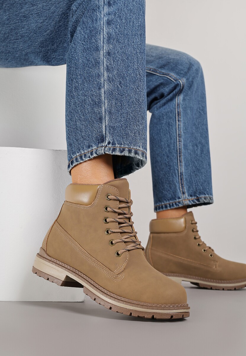 Ciemnobeżowe Sznurowane Traperki w Casualowym Stylu Anavitte