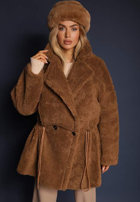 Brązowa Kurtka Futerko w Stylu Teddy Ściągane w Talii Enarithiel