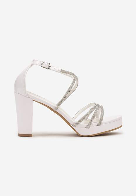 Białe Cyrkoniowe Sandały na Słupku z Ozdobnymi Paskami Beridara