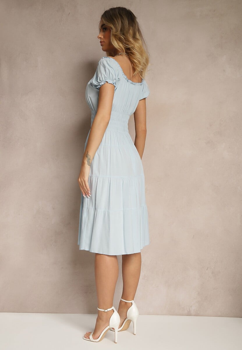 Jasnoniebieska Sukienka Rozkloszowana z Bawełny z Bufiastymi Rękawami i Guzikami Anniliana