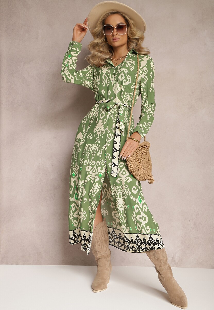 Zielona Sukienka Koszulowa Rozkloszowana z Wiązaniem Vern