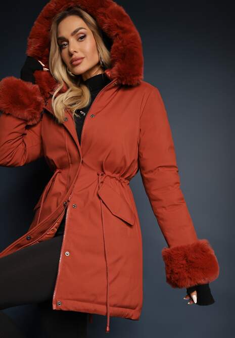 Pomarańczowa Dwustronna Kurtka o Fasonie Parki z Kapturem i Odpinanym Futerkiem Nevetalie