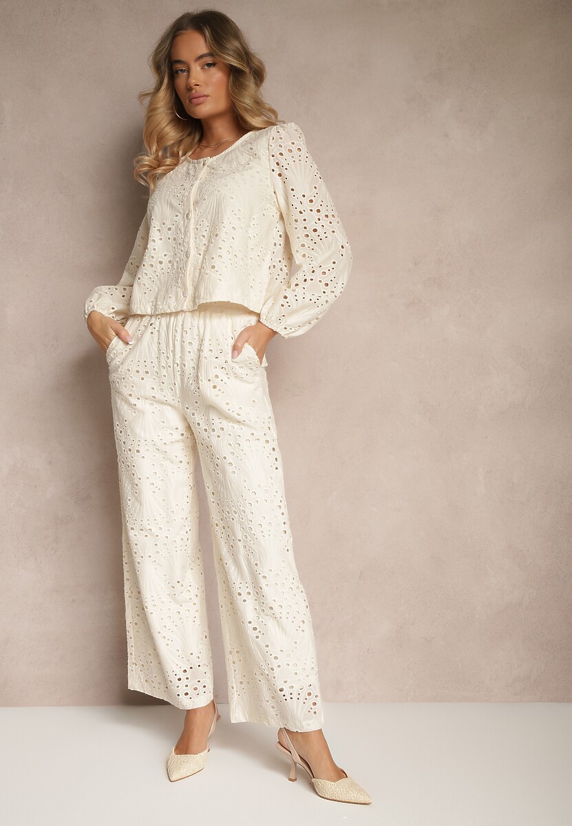 Czarne Szerokie Spodnie z Ażurowej Tkaniny z Wysokim Stanem Siledis