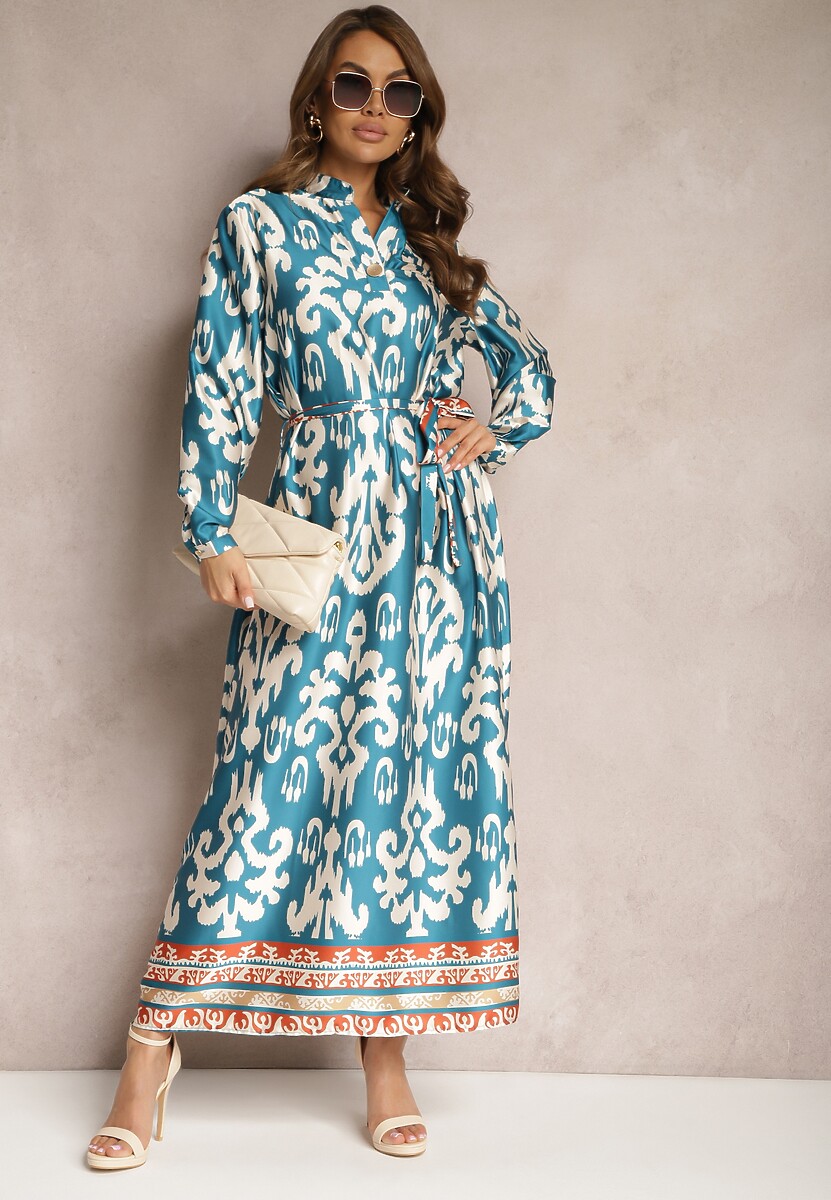 Niebieska Pudełkowa Sukienka Satynowa z Paskiem w Talii w Ornamentalny Print Tarosa