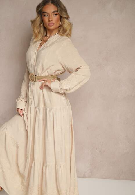 Beżowa Rozkloszowana Sukienka Ozdobiona Haftem i Wzorem Boho Ronavere