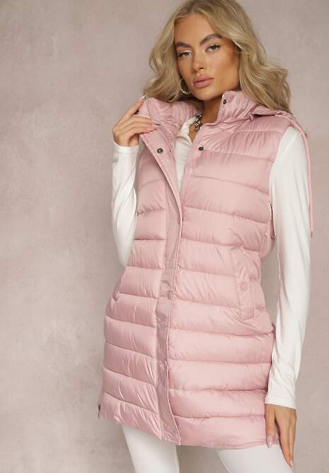 Różowa Pikowana Kamizelka z Kieszeniami i Kapturem i Ozdobnymi Suwakami na Dole Culvena