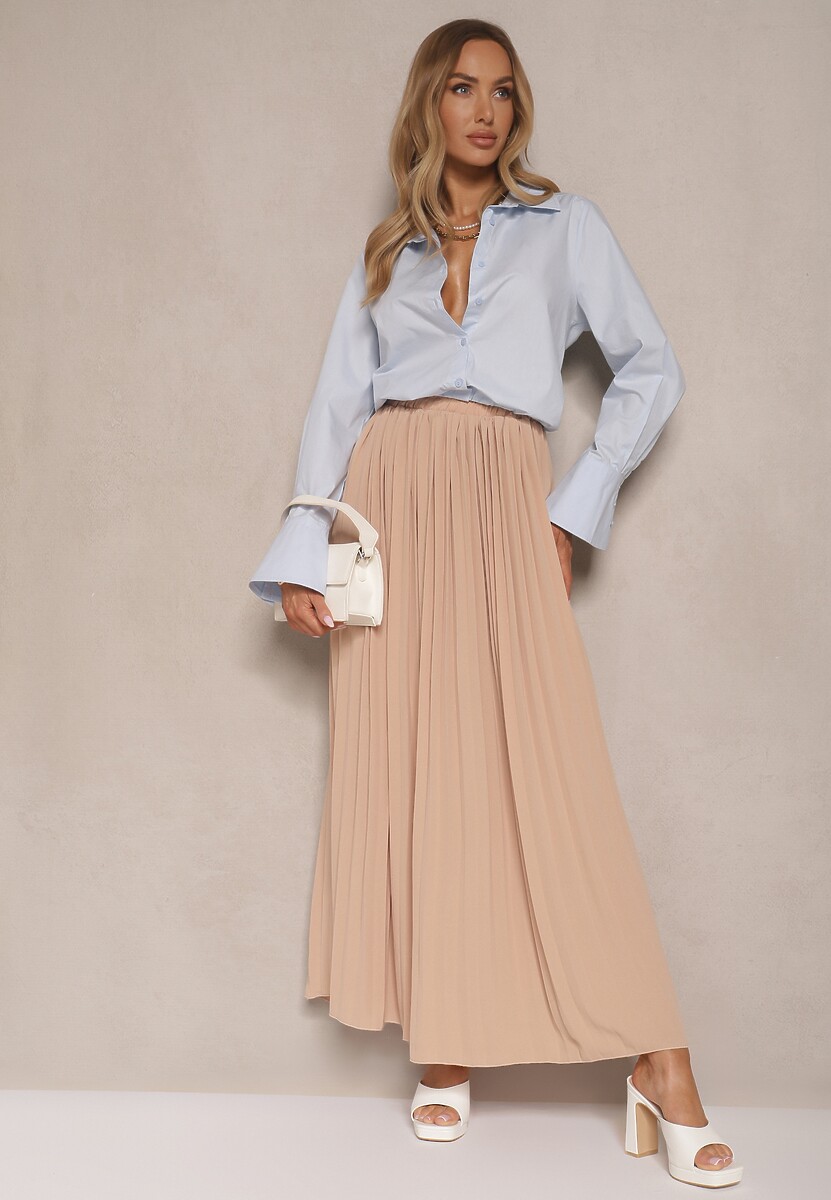 Beżowa Plisowana Spódnica o Rozkloszowanym Kroju z Gumką w Talii Ulindris