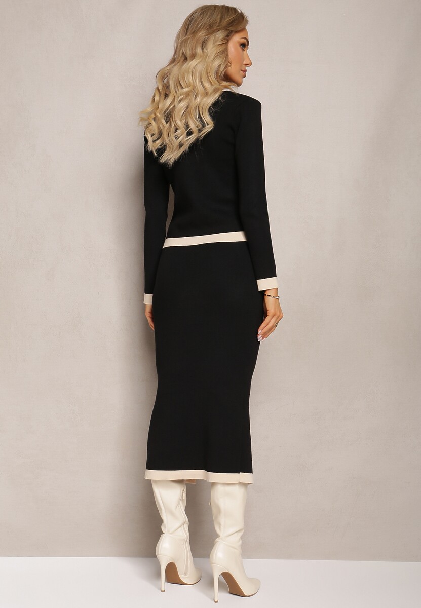 Czarny Komplet 3-Częściowy Bluzka Kardigan oraz Spódnica Ozdobione Napami Jespella