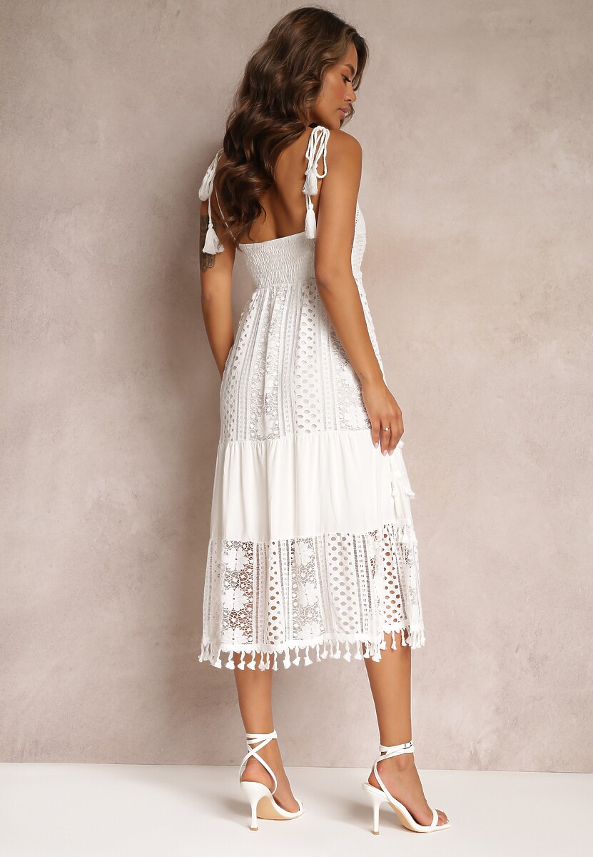 Biała Rozkloszowana Sukienka Midi na Ramiączkach z Koronki Nejla