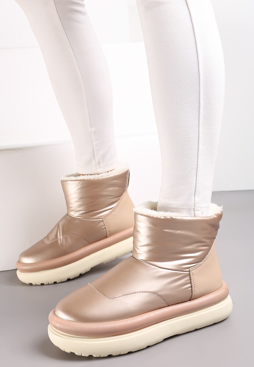 Złote Połyskujące Śniegowce na Płaskiej Podeszwie Ocieplone Futerkiem Brivida