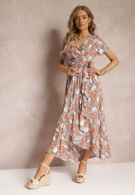 Zielono-Czerwona Kopertowa Sukienka z Wiskozy z Gumką w Talii i Krótkimi Rękawami Reiya