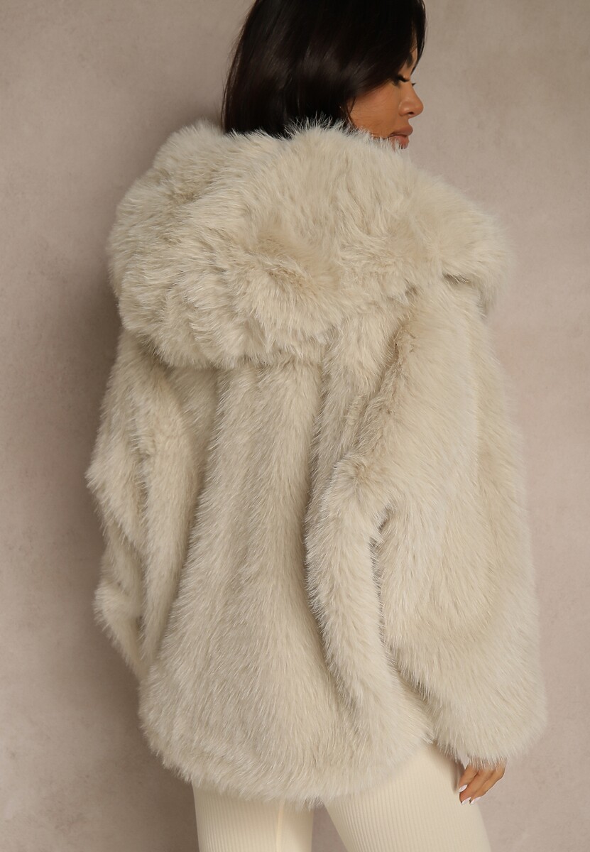 Beżowa Kurtka Futerko z Kapturem o Prostym Kroju Serrise