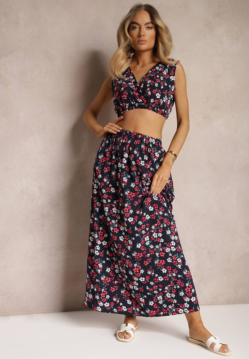 Granatowo-Zielony Komplet Dwucześciowy Top bez Rękawów Spódnica z Gumką w Talii w Kwiaty Dimanisa