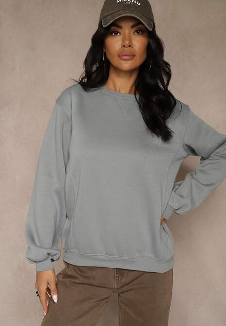 Szara Bluza z Bawełną i Przeszyciami przy Dekolcie Fezanna