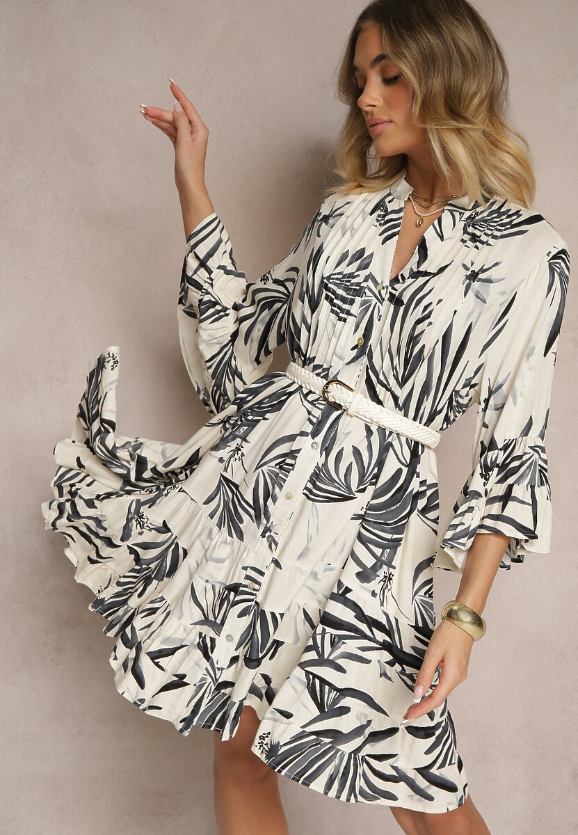 Ciemnoszara Rozkloszowana Sukienka z Wiskozy z Falbanami z Motywem Roślinnym Ridivaria