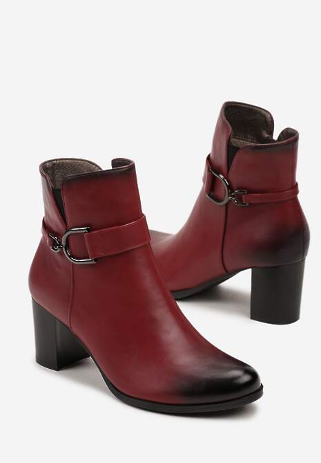 Bordowe Botki na Obcasie Typu Słupek z Klamrą Eriscelia