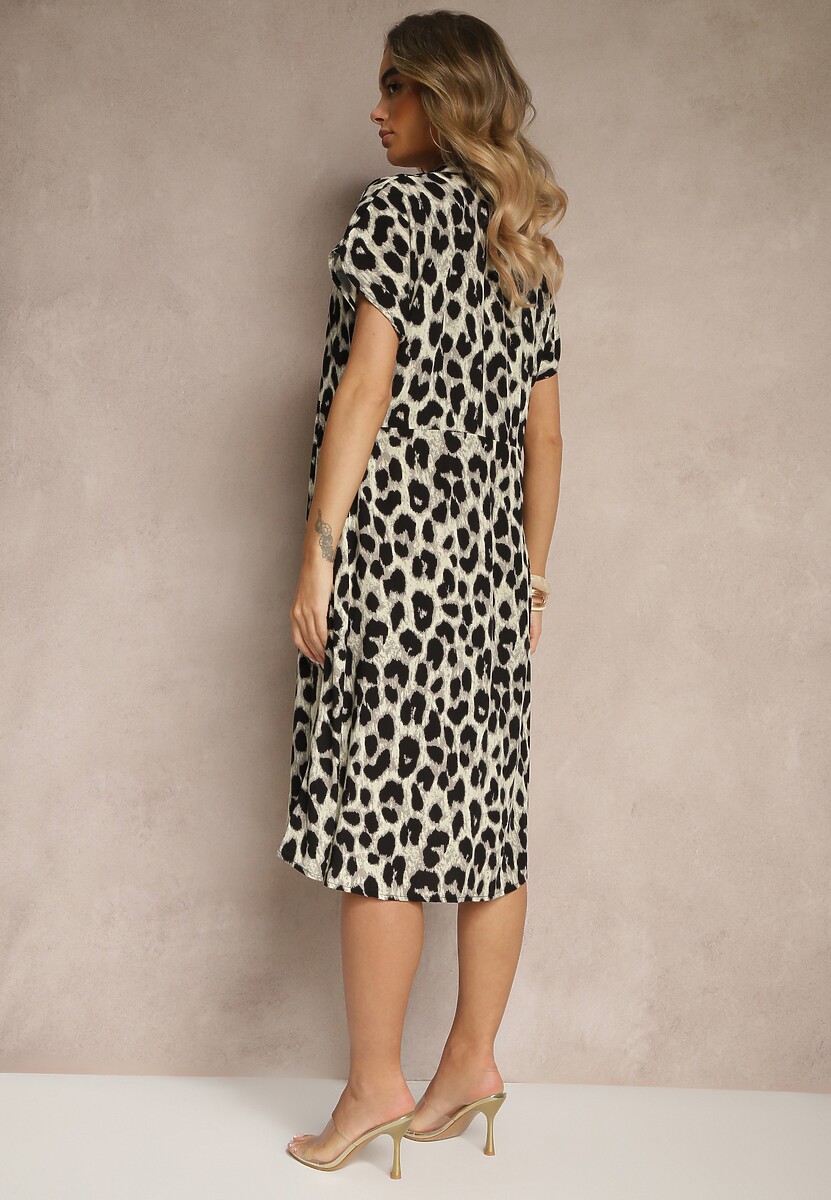Beżowo-Czarna Koszulowa Sukienka z Bawełny w Panterkowy Print Iffiera
