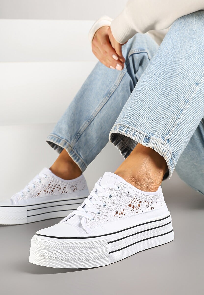 Białe Ażurowe Trampki na Platformie Felenna